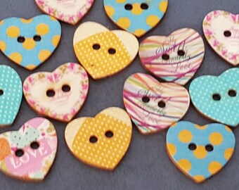 20 buttons heart in woodcut 23 mm