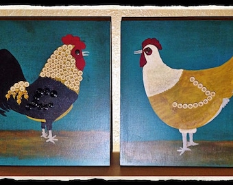 Rooster Hen button canvas