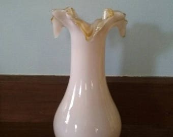 Ruffle yellow gold creamy white vintage glass Vase