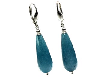 Earrings Art Deco – Blue/Cyan faceted Jade – Sterling silver 631