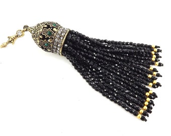 Large Long Black Facet Cut Crystal Beaded Tassel with Lilac GreenCrystal & Hamsa Hand Accents - Antique Bronze - 1PC