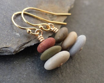 Beach stone earrings, sterling silver, gold, natural stone jewelry, beach pebble earrings, cairn earrings, boho jewelry, nature jewelry