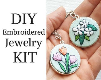 DIY Jewelry Kit - Hand Embroidered Flower Necklace - Beginner Needlecraft Starter Kit - Fine Silver Jewelry Kit - Necklace, Bracelet or both