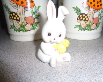 Vintage Easter Bunny Rabbit holding yellow Chick Figurine