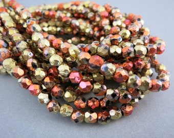 4mm Dragonfire Etched Beads, Faceted Firepolished, Czech Glass, Strand of 50