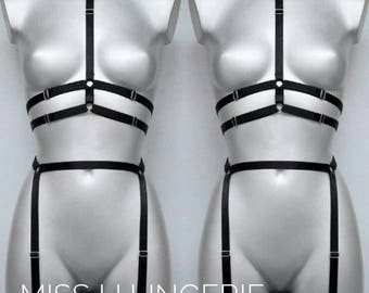 Harness lingerie set. Black harness lingerie. BDSM lingerie. Black garter belt. Sexy lingerie. Body harness. Garter harness. Garter belt.