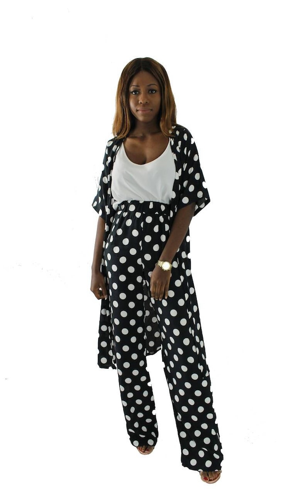 Jess Polka Dot Black & White Women's Kimono Trouser Pant Suit