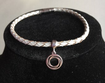 Light Grey Leather Bracelet- Round Silver Sterling Charm Bracelet- Simple Handmade Bracelet