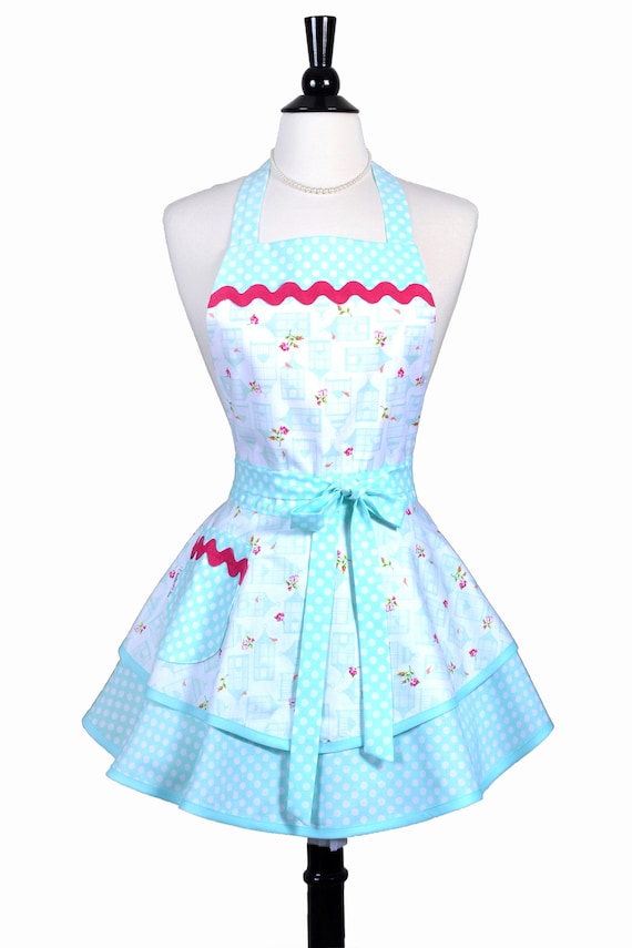 Womens Ruffled Retro Apron Aqua Bird Cages Cute Vintage