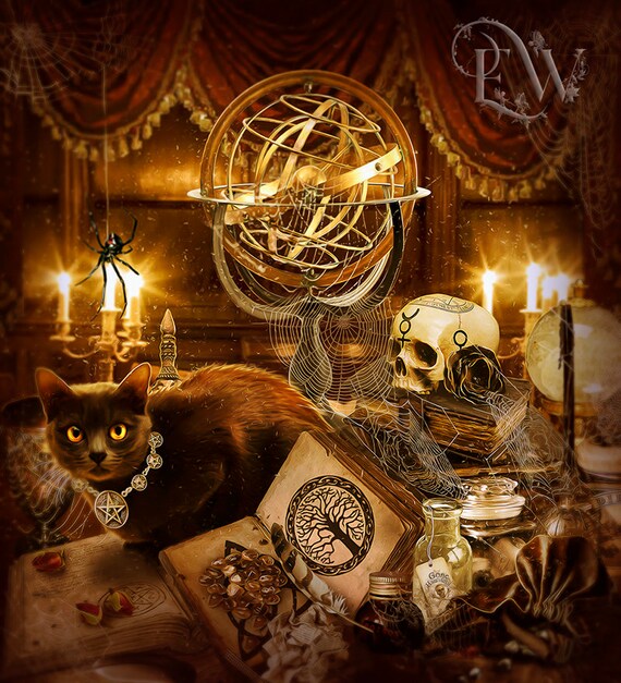 Wiccan art print Wicca cat art black cat print fantasy cat