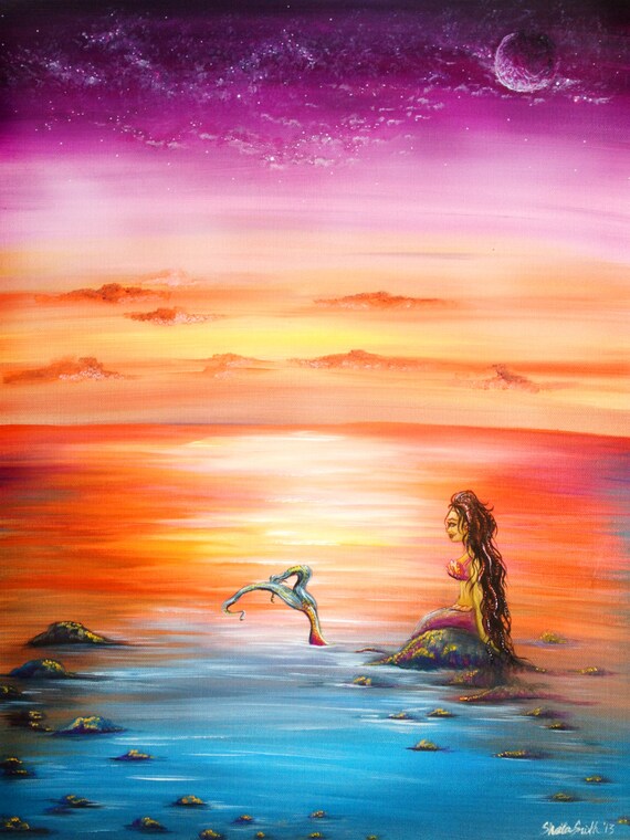 Colorful fantasy Mermaid Original Painting Sunset Beach scene