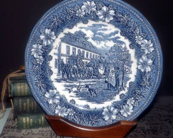 Vintage Royal Tudor Ware | Barker Bros. Coaching Taverns Blue large blue-and-white transferware dinner plate.