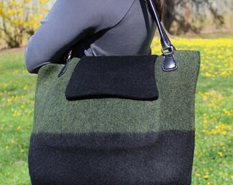 Wool Felt Tote Travel Bag Handknit Wet Felt Black and Heathered Green