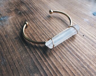 Quartz Gemstone Bangle Bracelet Handmade by Rana Salame in Indiana ooak Gold Crystal Bracelet One Bracelet Unique Quartz Gold Cuff jewelry