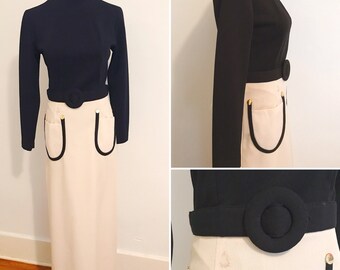 Vintage 1960s Mr. BOB of California Black and Cream Two Toned Maxi Dress - 1960s Black and White Dress - 1970s 1960s maxi dress