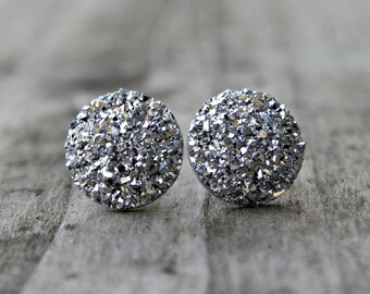 Titanium Earrings, Big Silver Druzy Rhinestones, Hypoallergenic