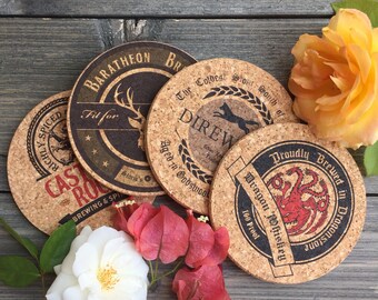 Game of Thrones Inspired Pub Style Craft Beer Cork Coaster Set of 4 (Round) Stark, Targaryen, Baratheon, Lannister