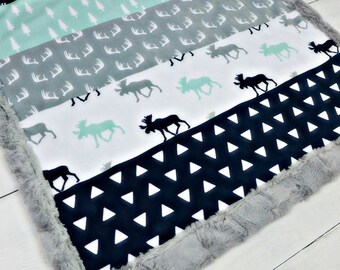 Moose Baby blanket, personalized Minky blanket, Mint Navy Gray woodland blanket, cuddle baby shower gift, birth, boy blanket, throw blanket