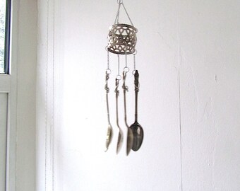 Home Is Where The Kettle Is, Upcycled Spoon Windchime, Kitchen Mobile, Vintage Cutlery Wind Chime, Handstamped Tea Lovers Gift