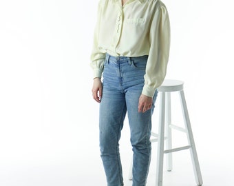 Long Sleeve Beige Blouse / Oversized Silky Blouse / Retro Secretary Blouse
