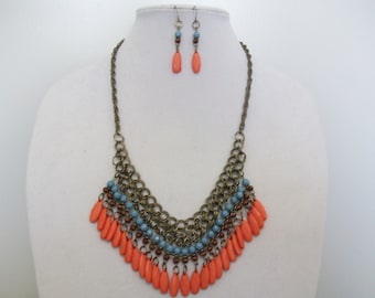 Colorful, primitive look necklace and earring set
