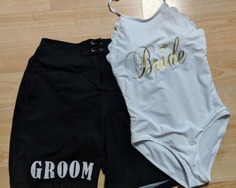 Bride and Groom Swimsuits - For Honeymoon, Bridal Showers, and More - Just Married - Beach Wedding