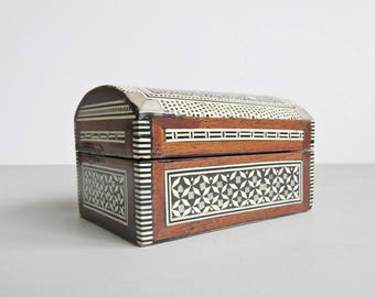 Small Rectangular Treasure Chest Style Wooden Box with Inlaid Marquetry and Mother of Pearl - Trinket Box