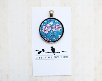 Floral Fabric Covered Button Pendant