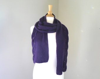 Dark Purple Scarf, Leaf Lace Design, Pure Cashmere, Hand Knit Scarf, Long Wide Scarf, Luxury Natural Fiber, Luxurious Scarf