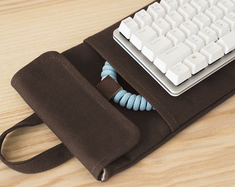 Dark Brown | 65% Mechanical Keyboard Sleeve or Carry Case | Water Resistant Lightly Waxed Canvas and Leather | Made to Order