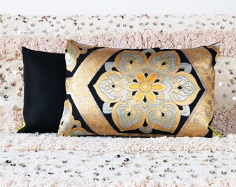 Metallic Gold Black Pillow, Geometric Floral Cushion, Upcycled Vintage Kimono Throw Pillow, Japanese Vintage Silk Obi, Luxury Accent Pillows