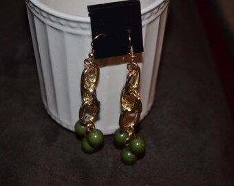 Vintage Long Dangle Dark Green Earrings/ Free Shipping