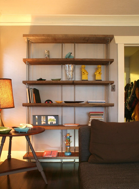 book shelf from reclaimed wood and recycled steel bookcase