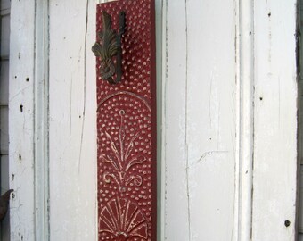 Coat Hook. Towel Rack. Kitchen Hook. Antique Ceiling Tin & Vintage Hook. Architectural salvage. Red wall art decor