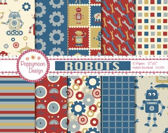 Robot friends, robot doggy,bolts and coils,pattern backgrounds, digital paper pack