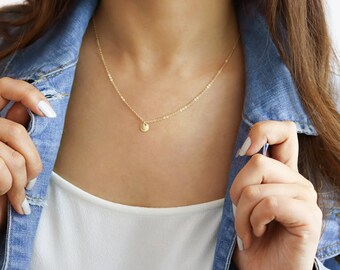 Minimal, Delicate Necklace, Blank or Personalized Tiny Gold Disk, Mini Disc Gold Necklace, Tiny Circle Tags, Silver, Gold, Rose gold • NDV60