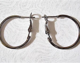 1" Black Smoke Hoops Pierced Post Stud Earrings Silver Tone Vintage Thin Tube Large Round Open Circle Rings