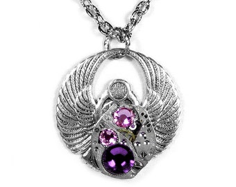 Steampunk Necklace Mens or Womens Vintage Watch Egyptian SCARAB Pink Amethyst Anniversary Bridesmaids Mens Holiday Gift - Steampunk Boutique