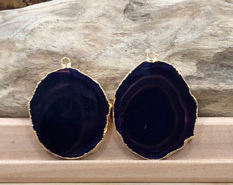 Purple Agate Slice, Purple Agate Slice Pair, Purple Geode Slice Pair, Purple Geode Slice, Purple Agate Slice, Dyed, Gold Plated, PG3810D