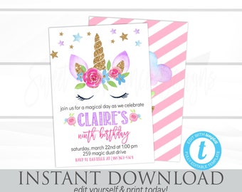 Unicorn Birthday Invitation, Gold glitter Unicorn Invite, Editable eighth Birthday template, Magical Celebration, templett, Instant Download