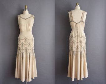 ON LAYAWAY...1930s vintage ivory rayon crepe silver beaded bridal wedding dress 30s Large XL full length art deco antique wedding dress
