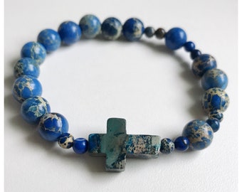 Blue Ocean Jasper Rosary Bracelet / Stretch Rosary Bracelet/ Men's Cross Bracelet