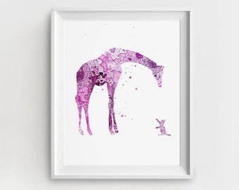 Giraffe Print, Digital Giraffe, Giraffe Printable, Magenta Giraffe, DIY Wall Art, Large Giraffe Print, Watercolor Giraffe, Giraffe and Cat