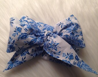 Blue Toile top knot bow headband