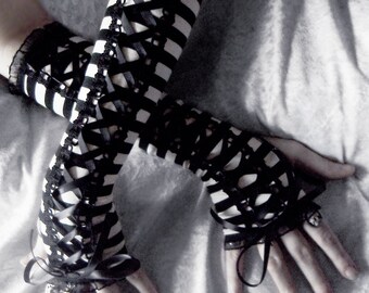 Imprisoned Maiden Arm Warmers Victorian Corset Laced Up | Black & White Stripes | Gothic Bohemian Lolita Alice Wedding Aviator Goth Noir