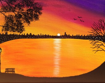 Cityscape, park bench painting,orange painting,purple painting, silhouette painting, black painting,Purple painting