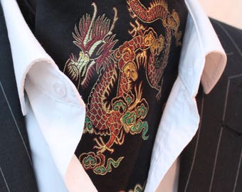 Cravat Ascot. UK Made. Black & Gold Chinese Dragon Cravat.