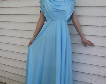70s Blue Grecian Dress Maxi Goddess Formal Gown Vintage Light XS