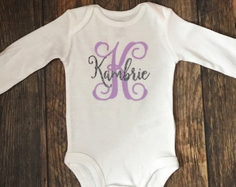 Personalized Long Sleeved Baby Girl Bodysuit - Initial with Glitter Name