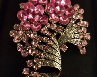Vintage signed SNK Swarovski AB pink rhinestone flower bouquet brooch